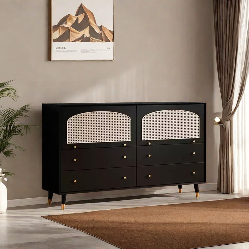 Buffet avec porte en rotin, Noir