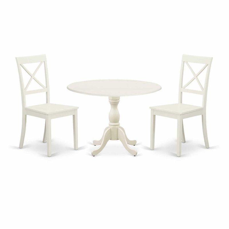 3 Piece Dining Room Furniture Set Contains a Round Kitchen Table with Dropleaf and 2 Dining Chairs, 42x42 Inch, Linen White