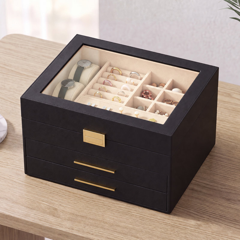 Jewellery Box 3 Layers, Jewellery organiser with 2 Drawers Lockable, Jewellery Storage Box for Loved Ones