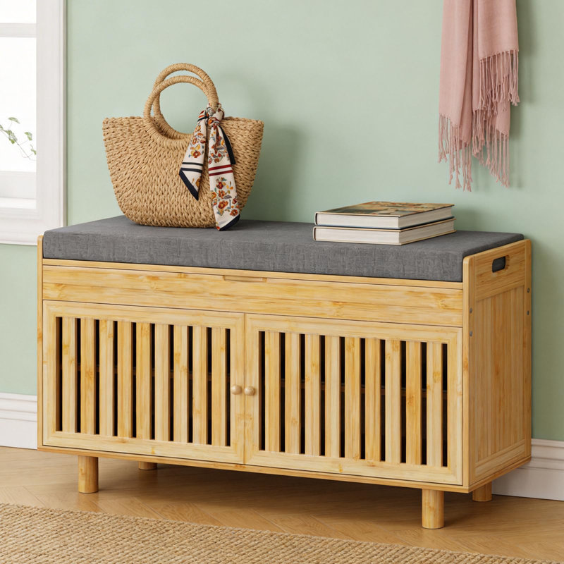 Banc de rangement pour chaussures, banc d'entrée en bambou avec 2 portes et coussin de siège rembourré, étagère à chaussures à 2 niveaux avec rangement dissimulé, naturel