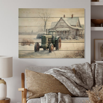 Tractor At The Barn In Winter II - Traditional Wood Wall Art Print