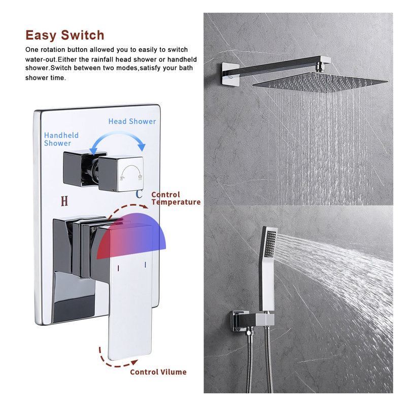 12 Inch Rainfall Shower Head and Handheld Shower Faucet Combo Set, Wall Mounted Shower System with Brass Valve, Chrome Finish - High Pressure Rain Shower Fixture