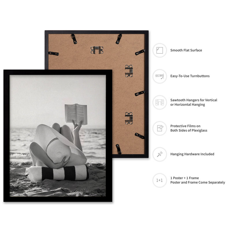 Femme lisant à la plage, 11"H x 14"W, Poster, Black Framed