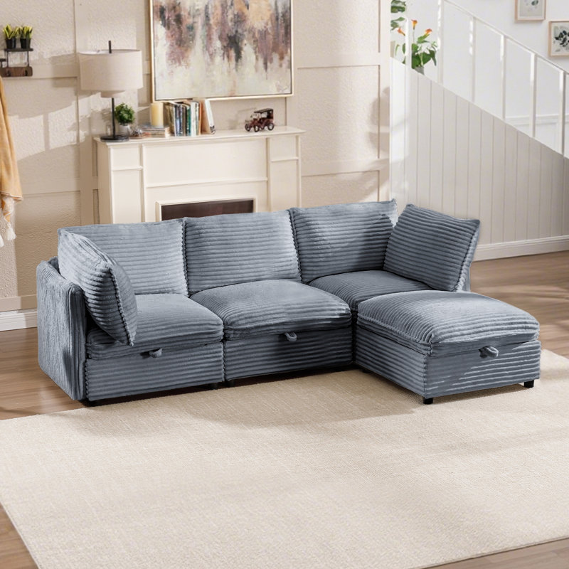 Canapé modulaire 2 places avec rangement caché et repose-pieds, Velours côtelé gris