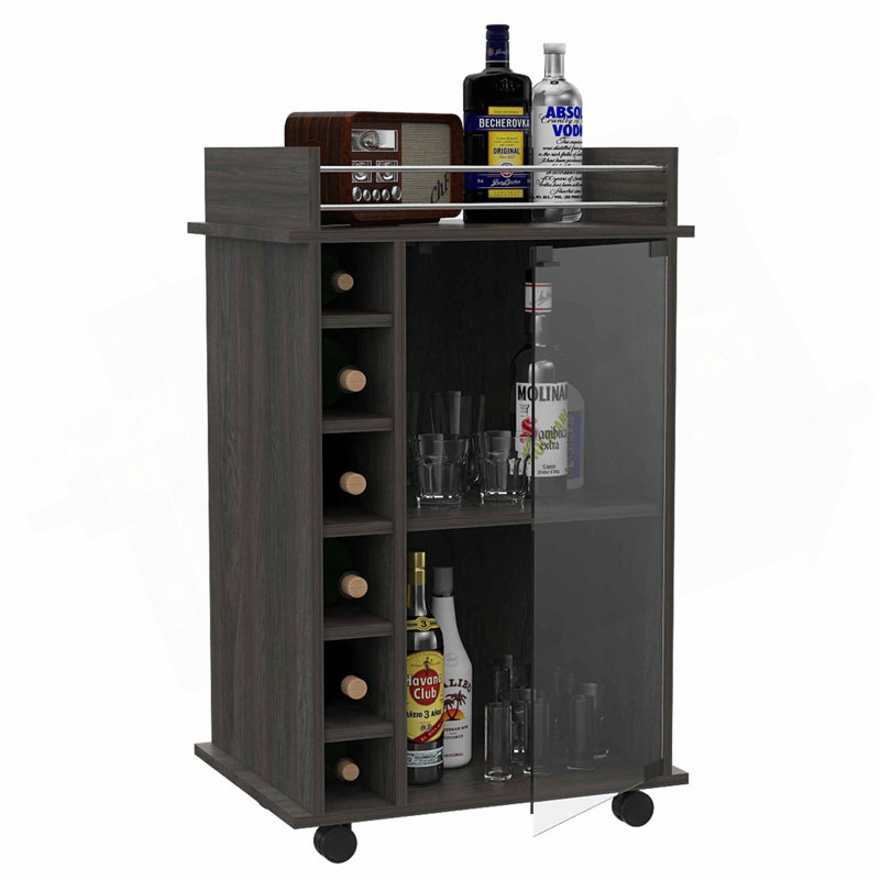 Chariot-bar, porte en verre, quatre roulettes, deux tablettes, Brun
