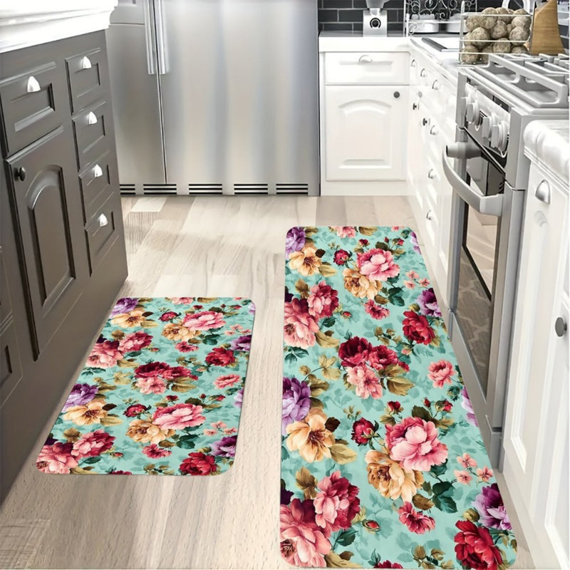 Turquoise Floral Kitchen Mats 2 PC Kitchen Corridor