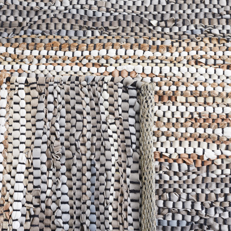 Gerelene Vintage Leather Hand Woven Leather/Jute Striped Rug in Gray/Natural, Rectangle 5' x 8'