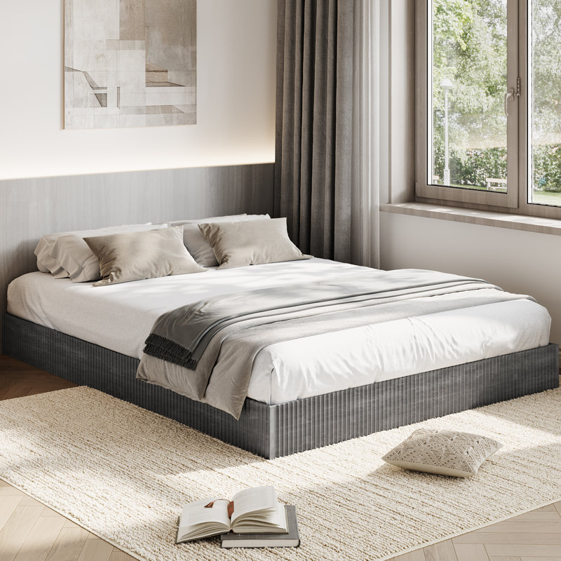 Structure de lit en bois, lit plateforme en bois avec design cannelé, structure de lit grand avec support d'étude, assemblage facile, aucun sommier tapissier, silencieux, gris anthracite