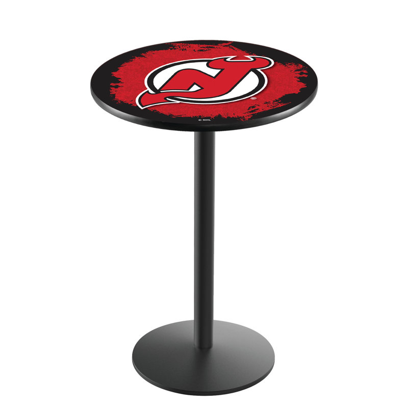 NHL Round Metal Base Dining Table, New Jersey Devils, Black Wrinkle