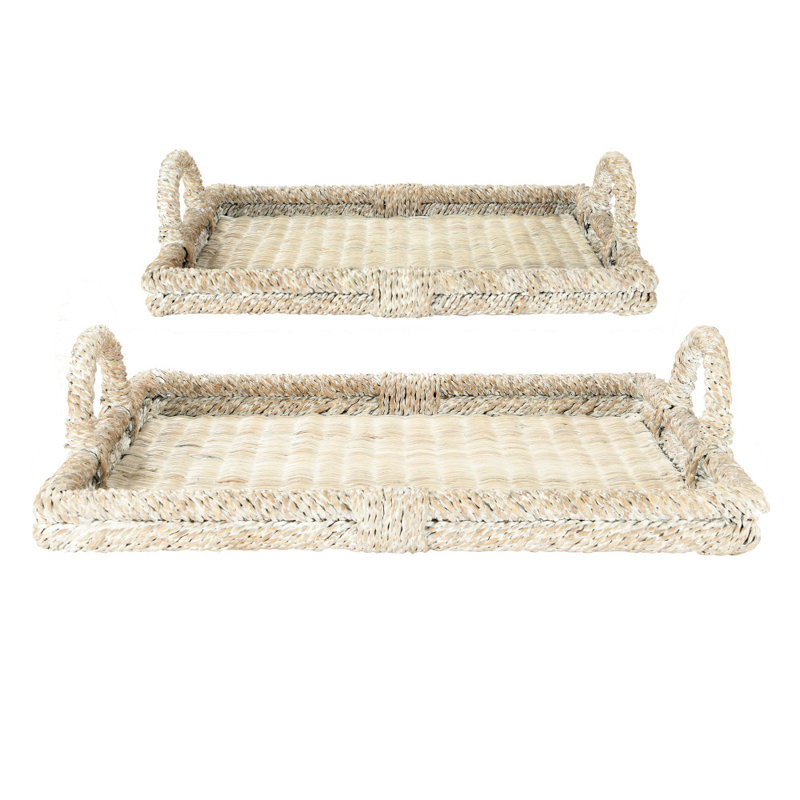 Whitewashed Rattan Decorative Trays with Handles, Set of 2