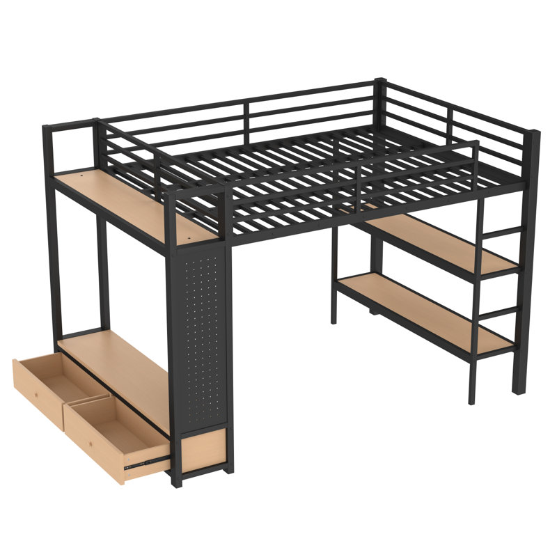 Grand cadre de lit mezzanine avec garde-robe, lit mezzanine en métal avec tablettes de rangement et panneau perforé, noir