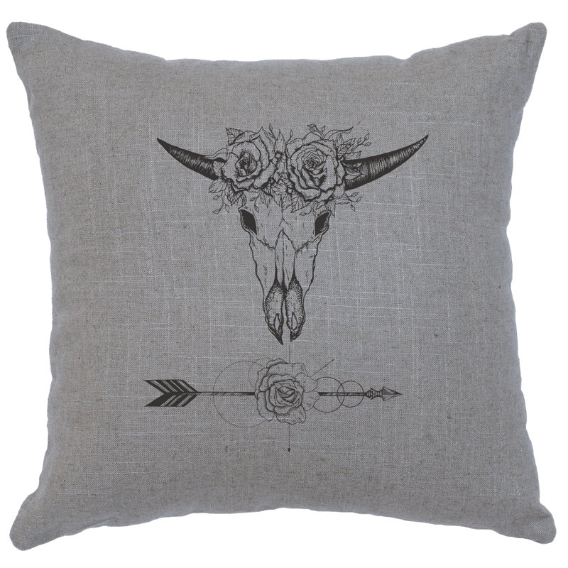Coussin Wooded River Image - Bull et fleurs - Lin gris, Gris