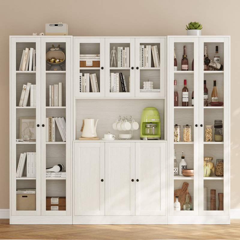 Bibliothèque de rangement Wilma, bibliothèque moderne à 5 niveaux avec 3 grands tiroirs et porte en verre