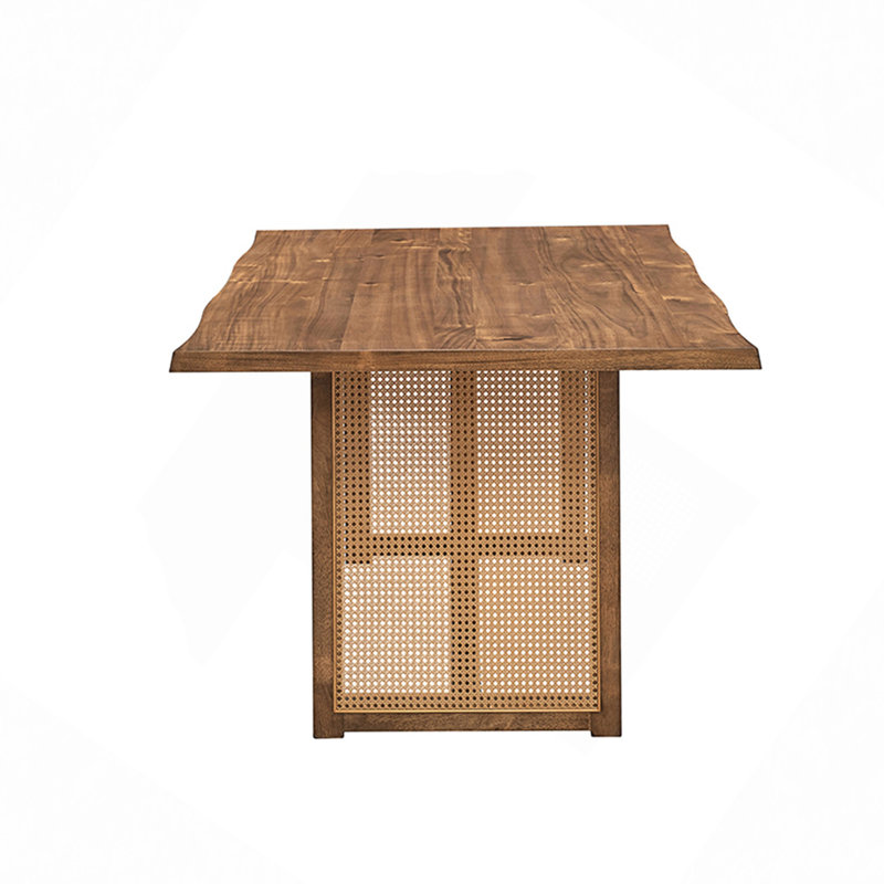 Table de salle à manger 86,61 "surdimensionnée à vagues rectangulaires, table à manger en bois pour 6 personnes, grande table de cuisine moderne Mid-Century pour le salon, table à manger bohémienne avec tissage en rotin pour le restaurant