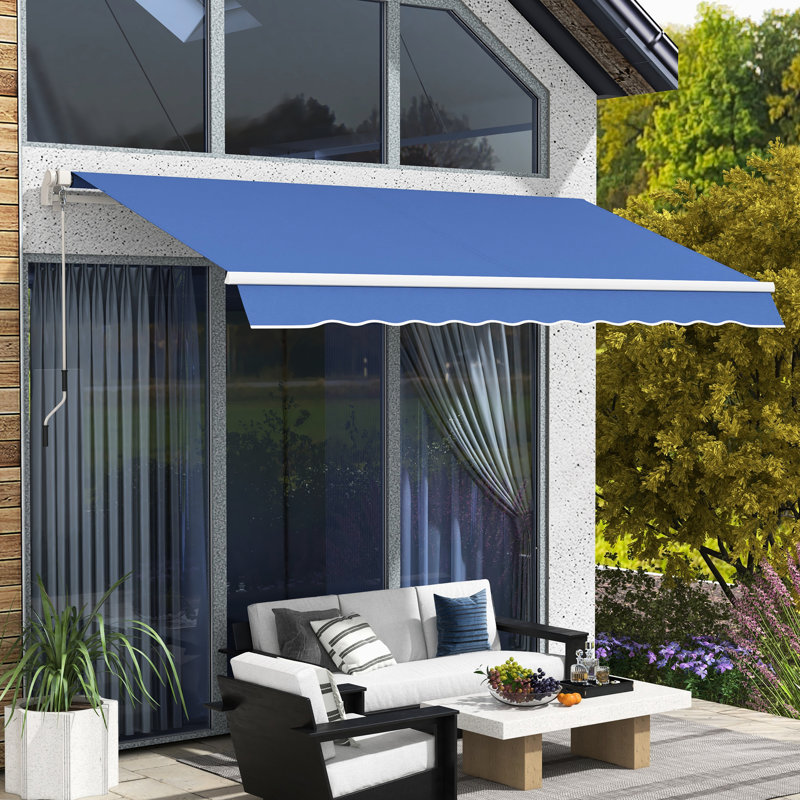 Auvent de balcon rétractable 12 pi x 10 pi, tissu 280 g / m et eau, manivelle manuelle, cadre en aluminium pour terrasse, cour, auvent de terrasse bleu foncé, surfaces variées