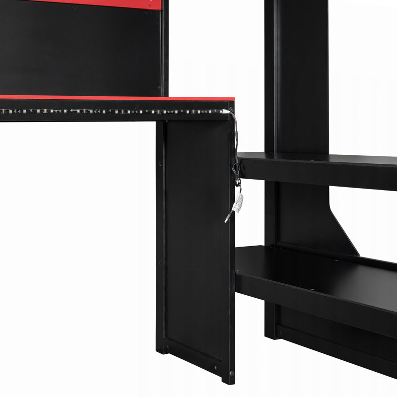 Lit mezzanine avec bureau Gaming, lumières DEL et station de charge intégrée, Full / Double, Noir et rouge
