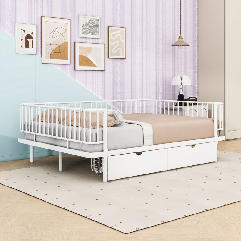 Lit plateforme en métal avec tiroirs de rangement, Lit double, Blanc