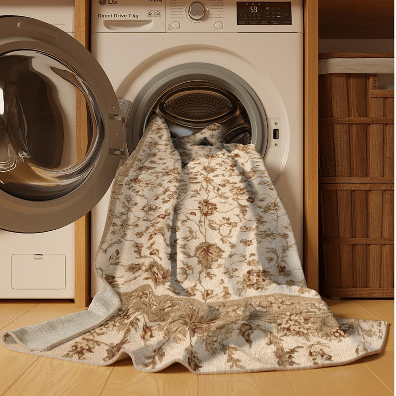 Tapis botanique beige lavable à la machine, Rectangle 6 pi x 9 pi