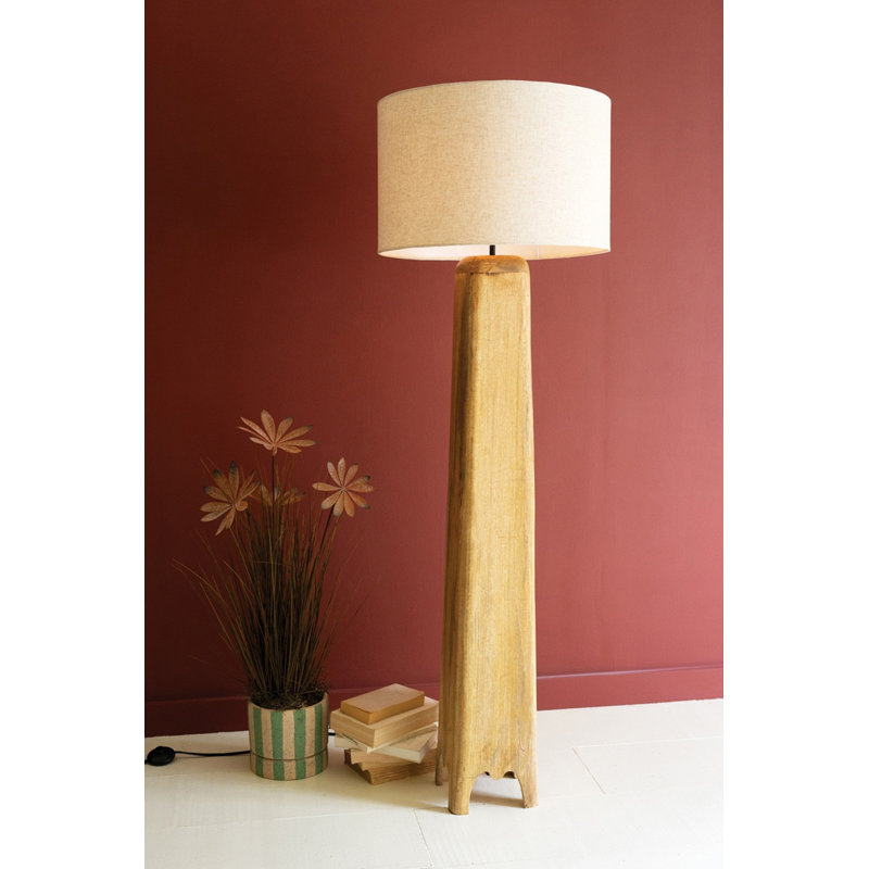  Lampe de table quadruple sculptée en bois de manguier avec abat-jour décoratif en tissu pour table