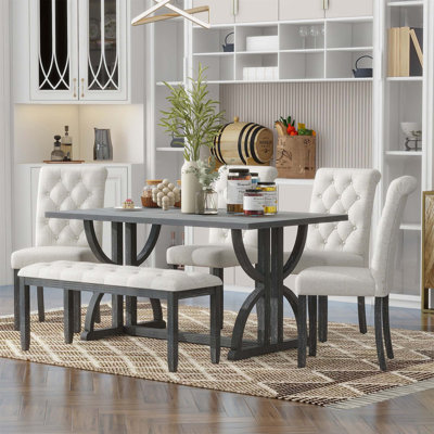 Shawntella 6-Piece Retro Rectangular Dining Table Set, Table With Unique Legs And 4 Upholstered Chairs & 1 Bench For Dining Room And Kitchen -  Lark Manorâ¢, 9E81CC3C2E3448A08035EE389E544997