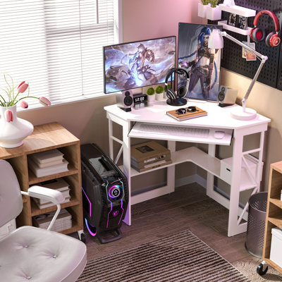 Lambrecht Corner Computer Desk with Smooth Keyboard and Storage Shelves, Farmhouse Triangle Computer Desk for Home Office, Living Room, Bedroom and Small Spaces