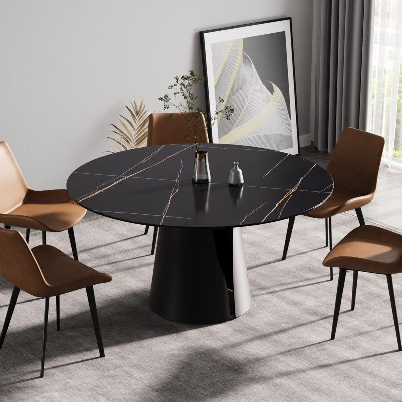 Table de salle à manger en pierre frittée 60,65 po, ronde, base en acier au carbone noir, pouvant accueillir 6 plateaux ronds, s'adapte aux personnes