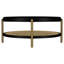 Table basse ronde avec finition noire, tablette de rangement et bois exotique asiatique pour l'aménagement des espaces de vie. Conception double naturelle et pratique.