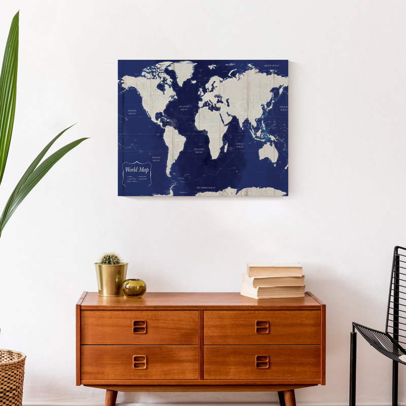 Carte du monde bleu marine sur toile, H 16 po x l 20 po x P 1,25 po