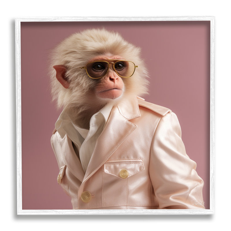 Az-144 - Portrait de singe à la mode encadré, Giclée encadrée blanc bord de mer, H 12 po x l 12 po x P 1,5 po