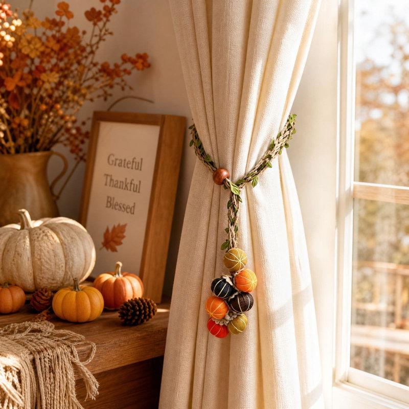 Les embrasses décoratives d'automne sont parfaites pour s'agencer à des voilages thématiques, des fronces et des attaches à rideaux.