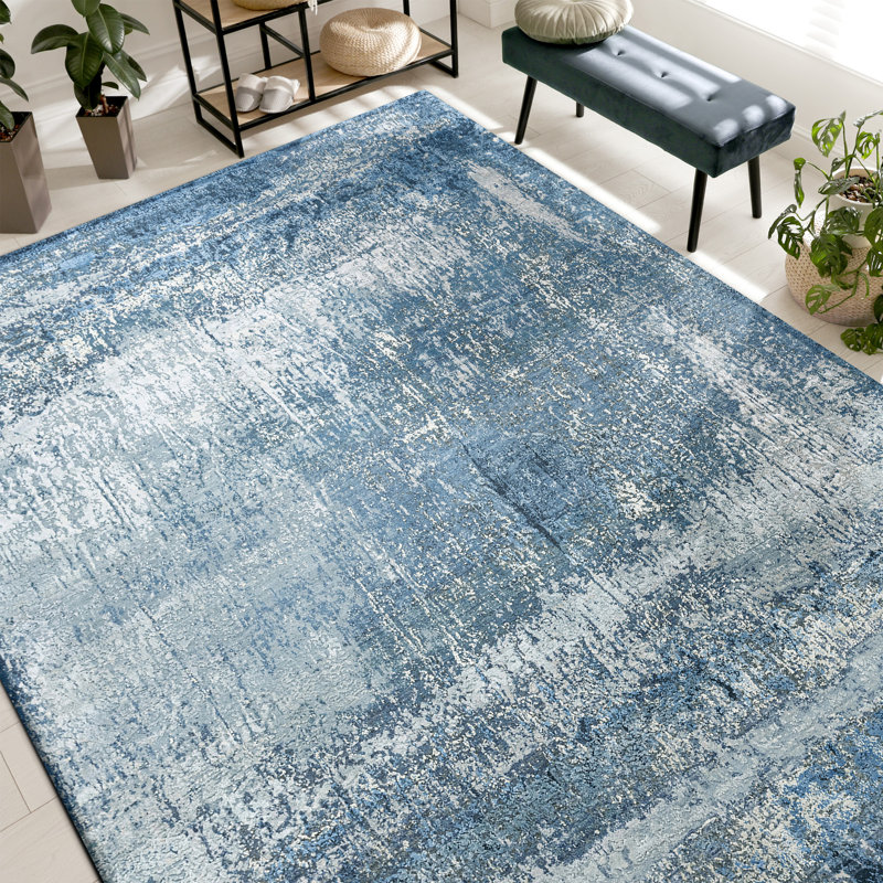High-Quality Hand-Knotted Silver And Blue Area Rug, Blue And Silver, Rectangle 6' x 9'