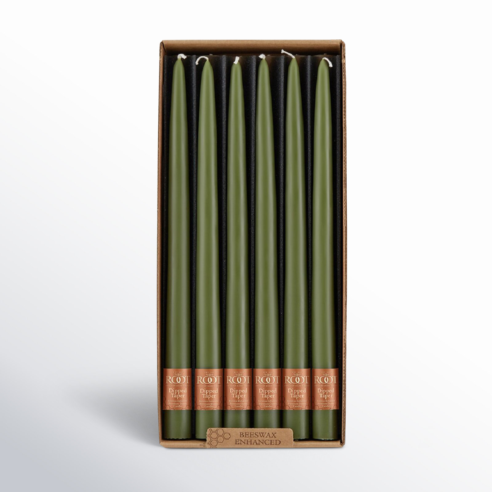 12 Piece Unscented Taper Candle Set, 12" H x 0.88" W x 0.88" D, Dark Olive