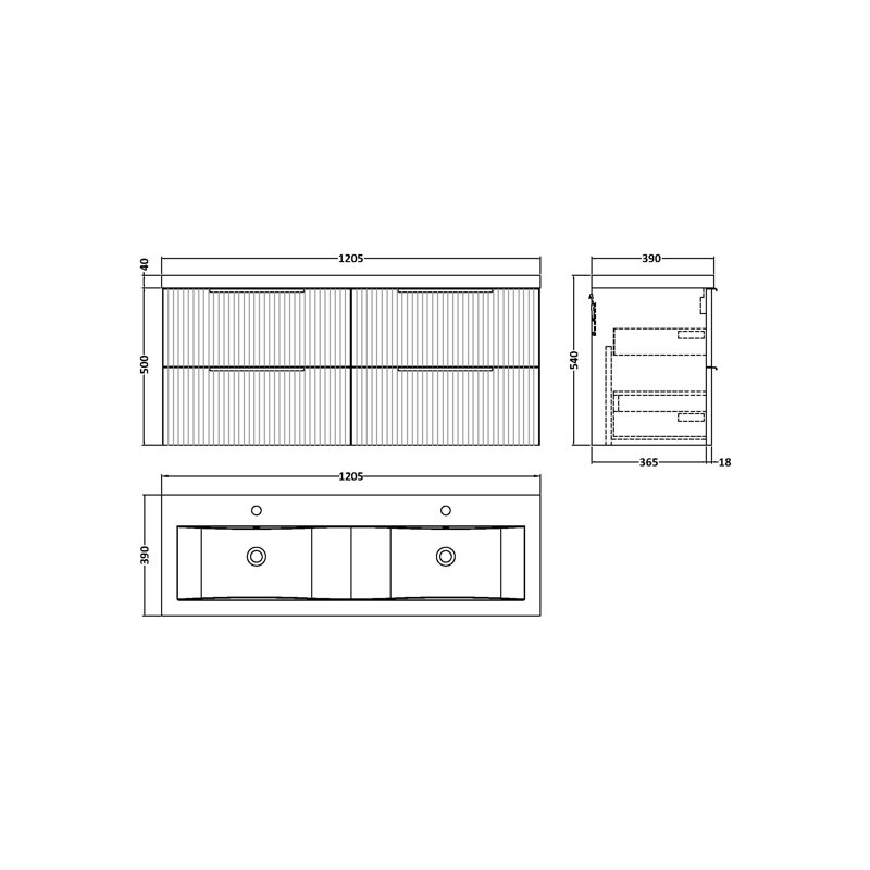 Fluted 383mm Double Bathroom Vanity with Drop In Vitreous China Basin, White