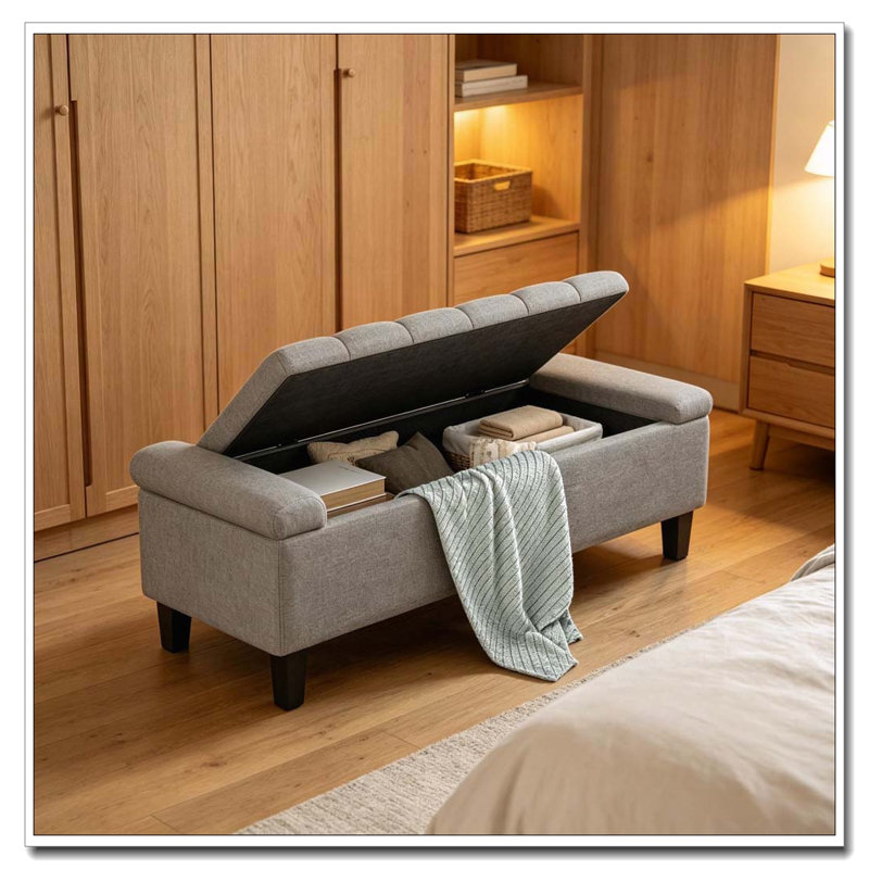 Banc de rangement touffeté à accoudoirs roulés, Gris, Gris