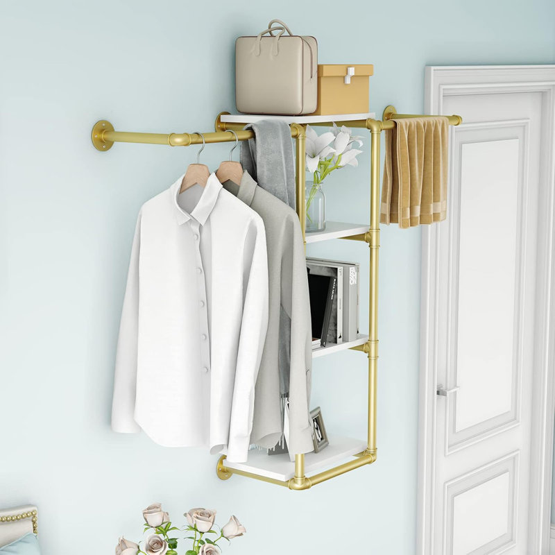 Wall Mounted Pipe Hanger With Rack, Gold