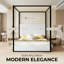 Grand lit plateforme à baldaquin tapissier, tête de lit en velours avec cadre en métal et auvent à 4 affiches, style romantique moderne, aucun sommier tapissier requis, assemblage facile