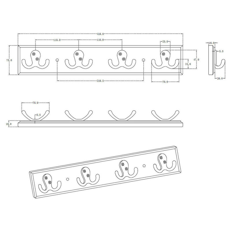 4 - Hook Wall Mounted Coat Rack