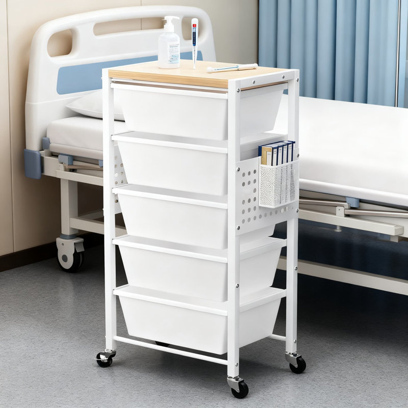 Chariot de rangement roulant à 5 tiroirs avec plateau en bois et panneaux perforés, organisateur mobile en métal avec roulettes pour le bureau, le salon, la salle de classe et l'organisation d'artisanat