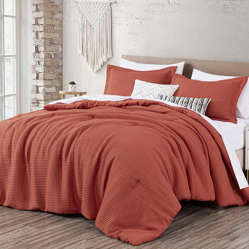 Wilmer Waffle Weave Textured Comforter Set, Queen Comforter + 2 Standard Shams, Terracotta