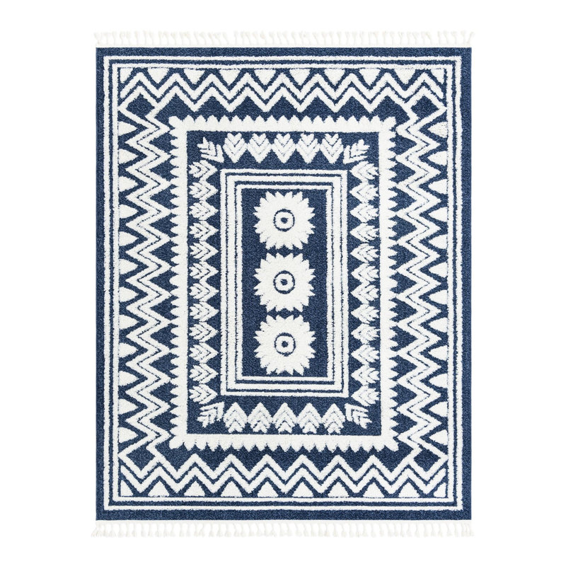 Tapis bleu en polyester tissé à la machine Matsue, Rectangle 7 pi 10 po x 10 pi