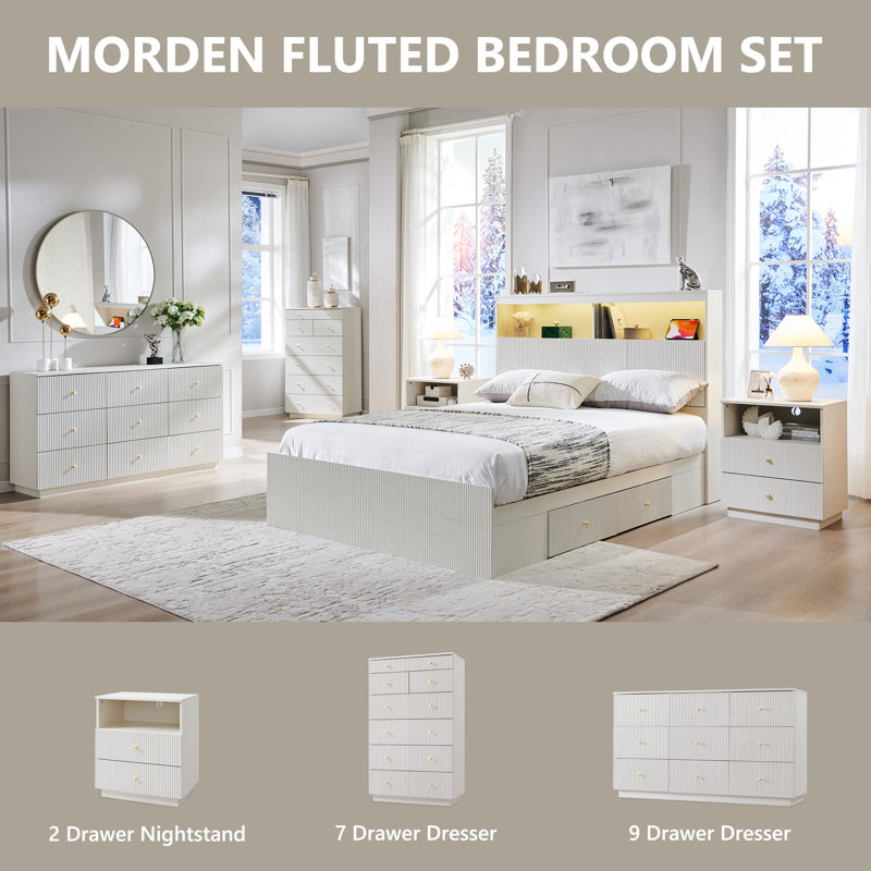 Fluted End Table with Charging Station, 21.65" Wide Side Table with 2 Drawers, White