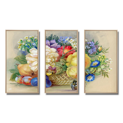 Bouquet de fleurs et de fruits - ensemble de 3 toiles encadrées florales
