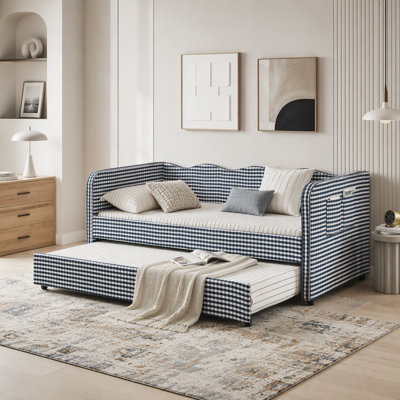 Lit de jour simple en vichy convertible 3 en 1 avec couchette et poches de rangement