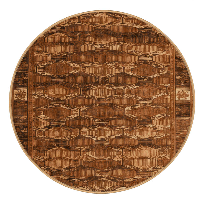 Tapis art déco brun lavable à la machine, Rond 7 pi