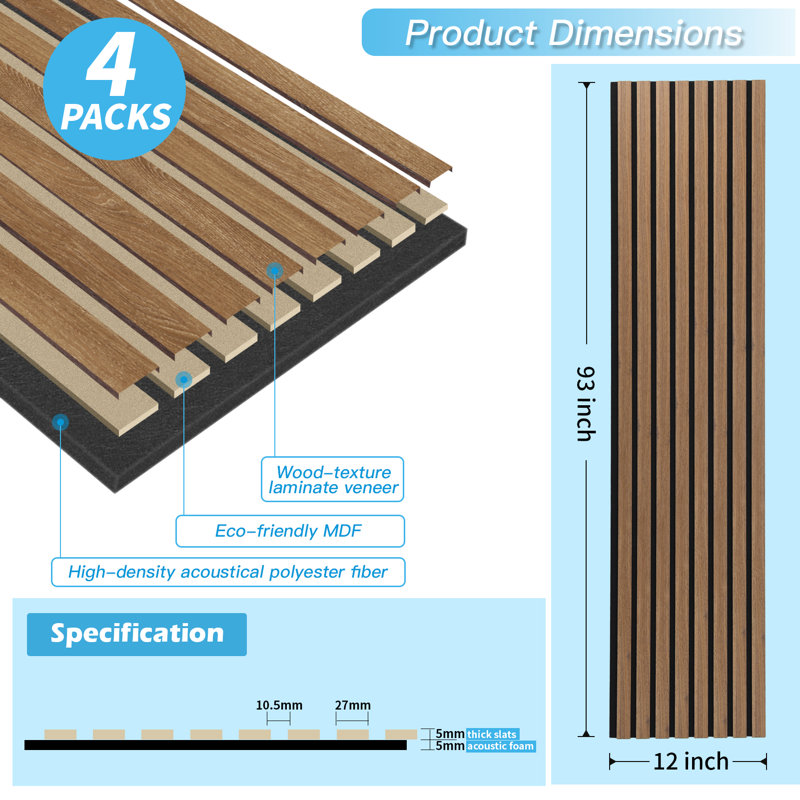 4Pcs 93" L x 12"  W Acoustic Wood Paneling,3D Fluted Soundproof Wall Paneling  for Wall and Ceiling,Slat Wood Wall Panels(31 sq.ft.)