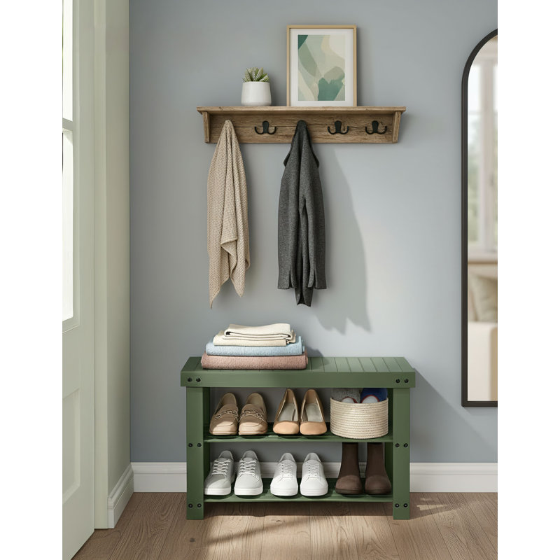 Forest Green Entryway Bench And Shoe Rack, Three-Tier Bamboo Organizer, Suitable For Multiple Scenarios, Load Capacity 286 Lbs
