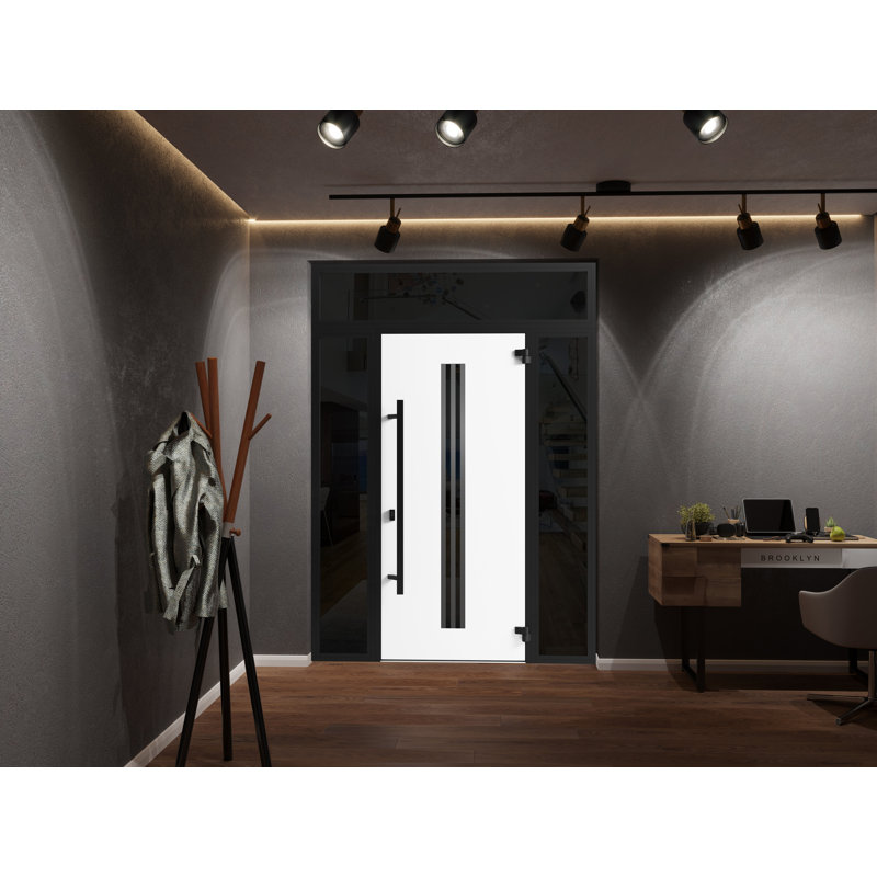 Front Exterior Prehung Steel Door / Ronex 1055 Teak / 2 Side and Top Exterior Window Sidelite / Entry Metal Modern Painted W16+36+16" x H80+16" Left hand Inswing