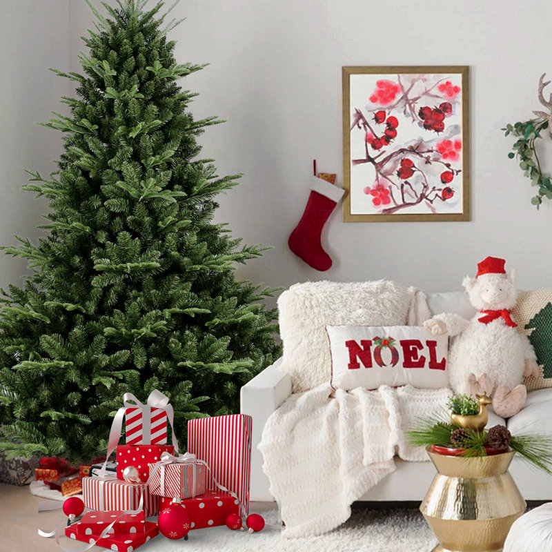 7.5FT Full-Shaped Artificial Christmas Tree, 2441 PE/PVC Mixed Needle Tips, Wide Base For Large Spaces, Hinged Structure, Metal Stand For Strong Support