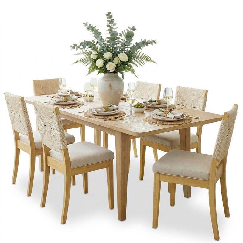 7-Piece 63"-95" Extendable Solid Wood Dining Set With 6 Woven Chairs