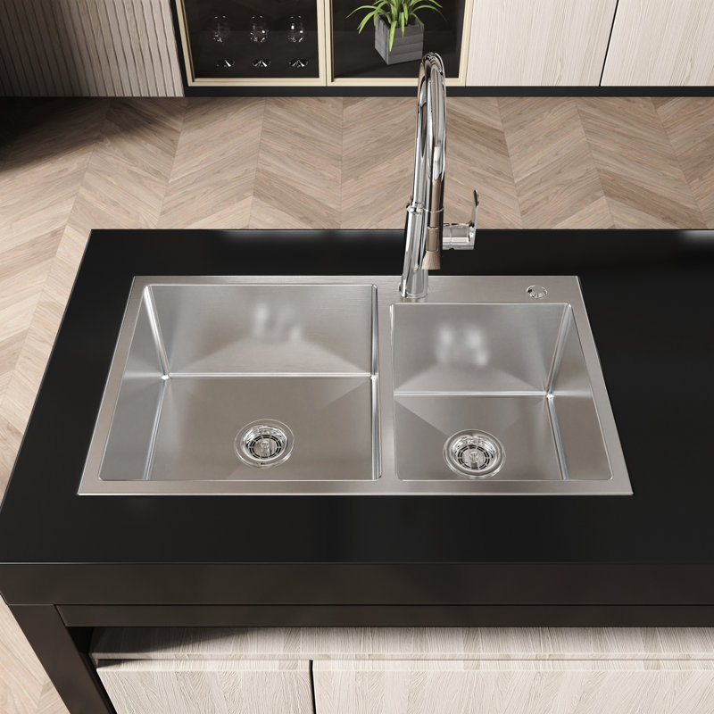 32"X19"X10" Double Basin Sink, S304 Stainless Steel, Water- Satin, Easy To Mount Sink For Kitchen, Steel Surface, Effortless Installation Method